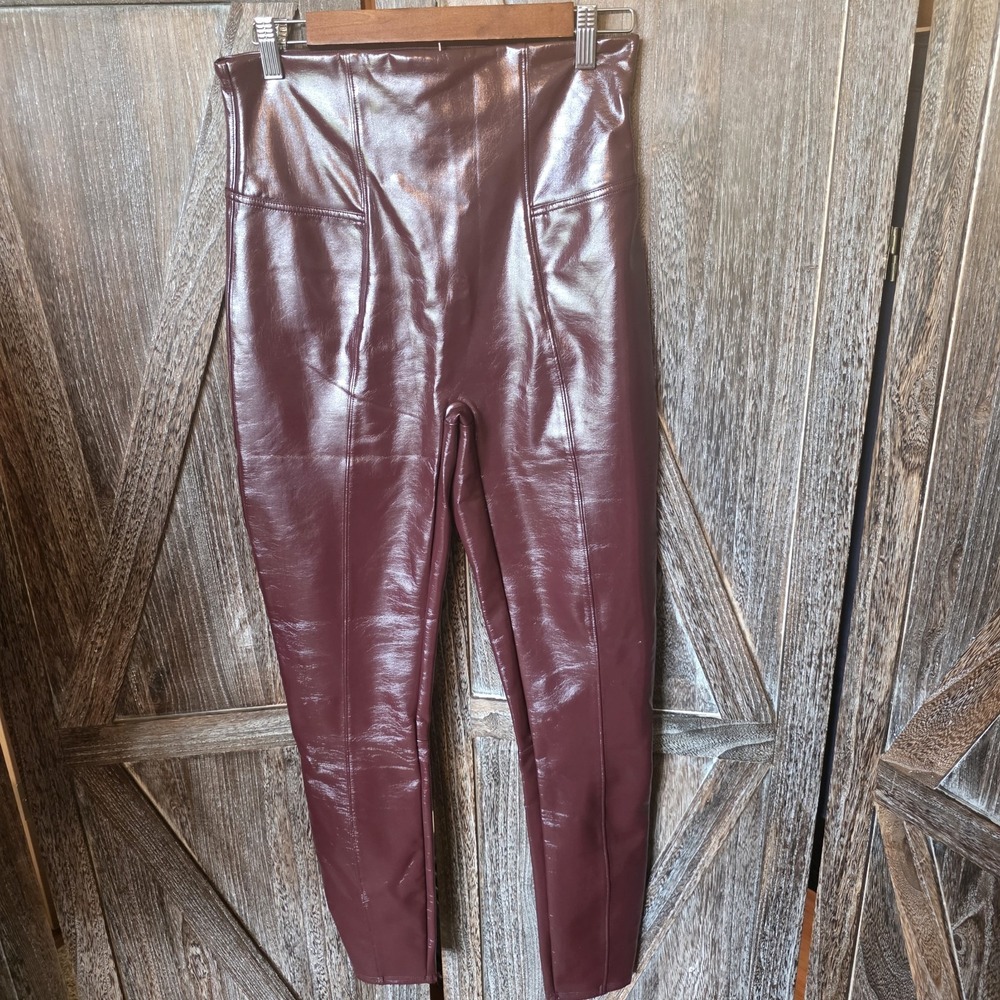 Spanx Pants Women's Size L Dark Red Faux Patent Leather Leggings Stretch